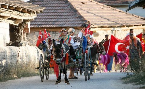 Boyalı koyunlarla kortej yürüyüşü 