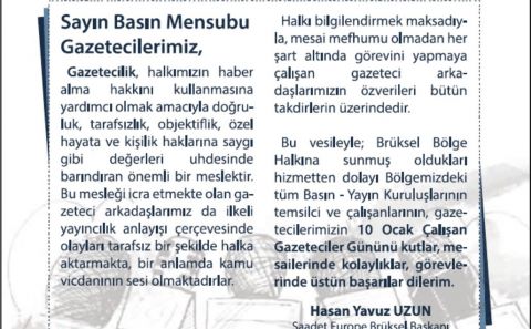 BELÇİKA SAADET TEMSİLCİLİĞİNDEN GAZETECİLERE TEBRİK